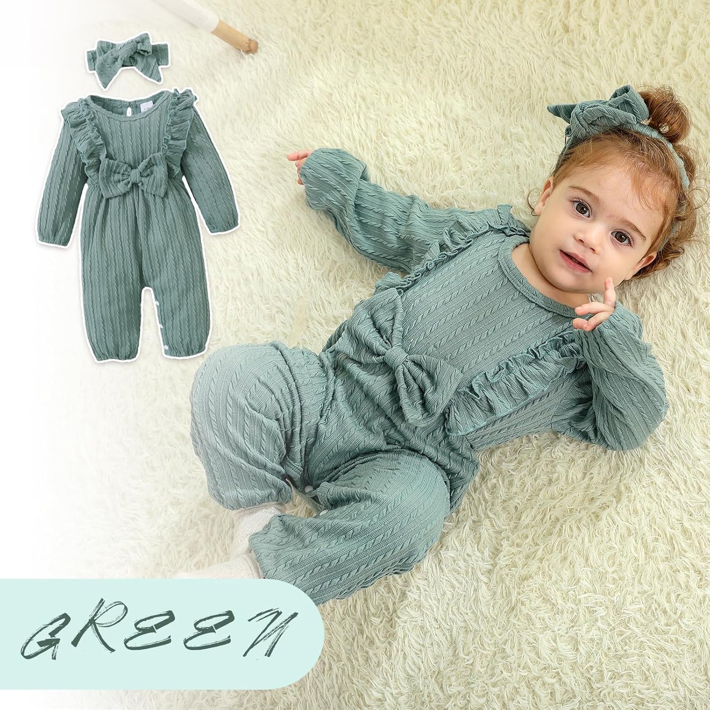 Baby Girl Romper Infant Fall Winter Clothes Ruffle Sweater Long Sleeve Bodysuit Jumpsuit and Headband